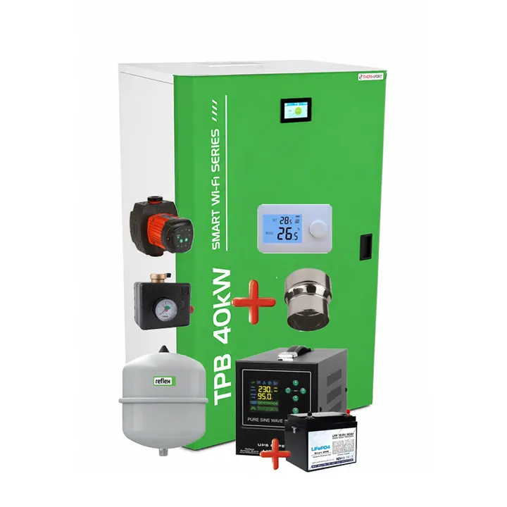 Centrala pe peleti compacta Thermfort 10-40kW TPB40- Smart WiFi Modul incorporat- pachet cu termostat, vas, pompa digitala, grup de siguranta, ups cu baterie LiFePO4