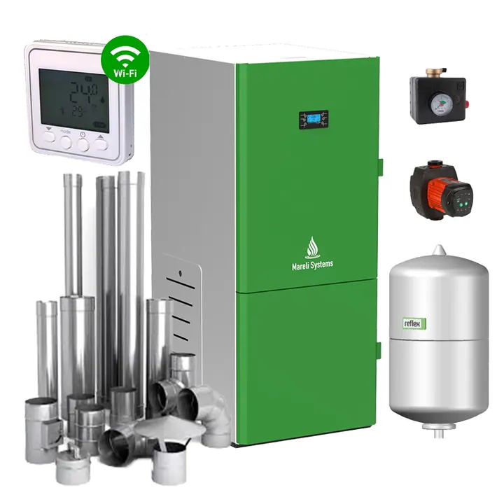 Centrala peleti compacta Mareli Premium RubynoR ECOSTAR SBN 20-35KW- kit evacuare inox, grup de siguranta, pompa digitala, vas expansiune, termostat WiFi