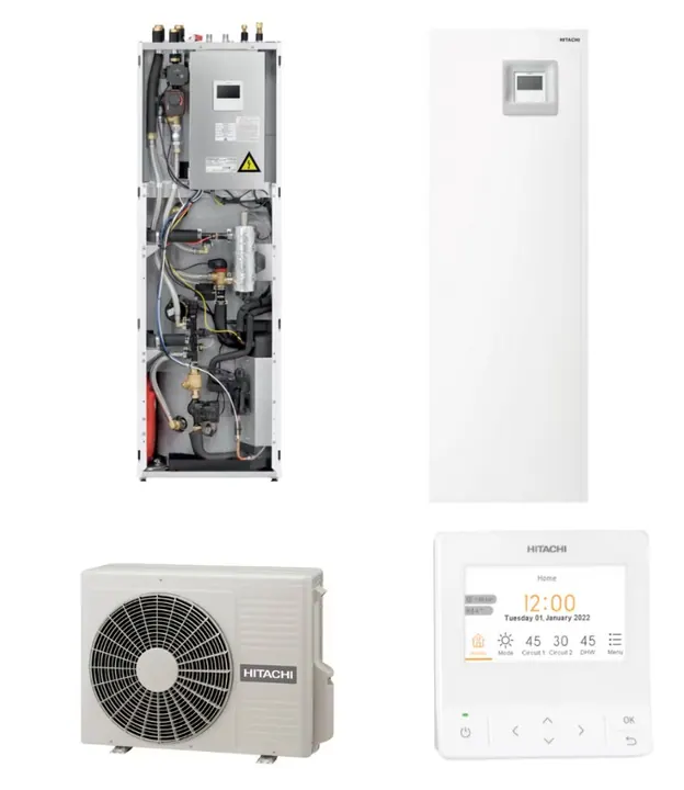 Pompa de caldura aer-apa split cu boiler incorporat de 220 litri Hitachi Yutaki S60 Combi, R32, 6 kW, monofazata, clasa energetica A+++