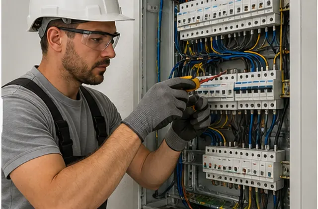 Electrician care verifică un tablou electric, imagine ilustrativă